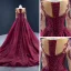 Haut de Gamme Tapis rouge Bordeaux Robe De Soirée 2021 Princesse Transparentes Encolure Carrée Manches Longues Fait main Perlage Paillettes Tribunal Train Volants Robe De Ceremonie