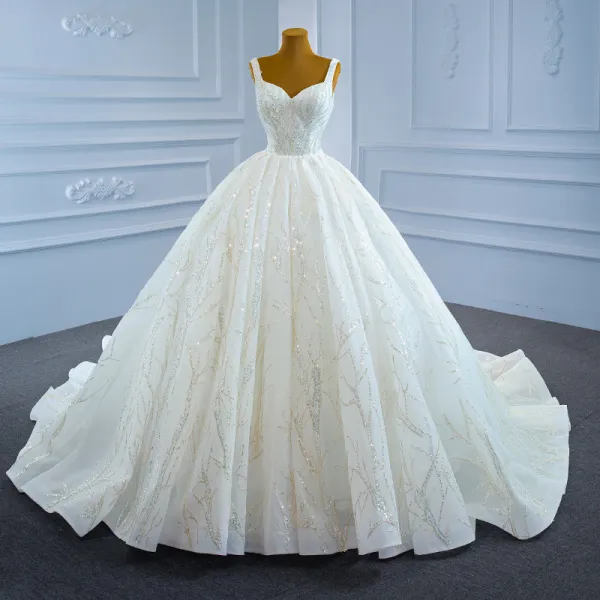 Luxury / Gorgeous White Bridal Wedding Dresses 2021 Ball Gown Shoulders Sleeveless Backless Beading Sequins Chapel Train Ruffle