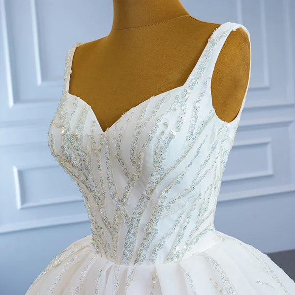 Luxury / Gorgeous White Bridal Wedding Dresses 2021 Ball Gown Shoulders Sleeveless Backless Beading Sequins Chapel Train Ruffle