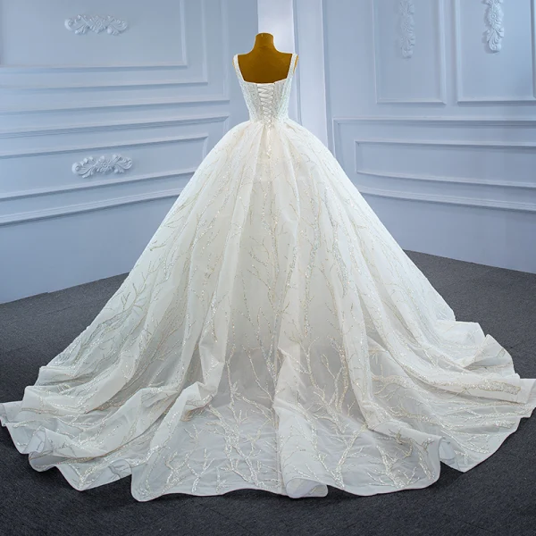 Luxury / Gorgeous White Bridal Wedding Dresses 2021 Ball Gown Shoulders Sleeveless Backless Beading Sequins Chapel Train Ruffle