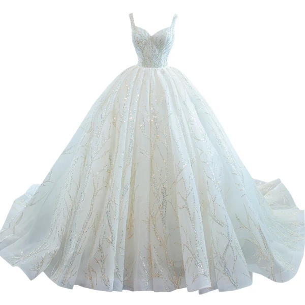 Luxury / Gorgeous White Bridal Wedding Dresses 2021 Ball Gown Shoulders Sleeveless Backless Beading Sequins Chapel Train Ruffle