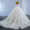 Luxury / Gorgeous White Bridal Wedding Dresses 2021 Ball Gown Shoulders Sleeveless Backless Beading Sequins Chapel Train Ruffle