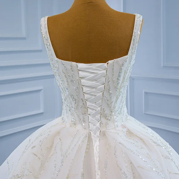 Luxury / Gorgeous White Bridal Wedding Dresses 2021 Ball Gown Shoulders Sleeveless Backless Beading Sequins Chapel Train Ruffle