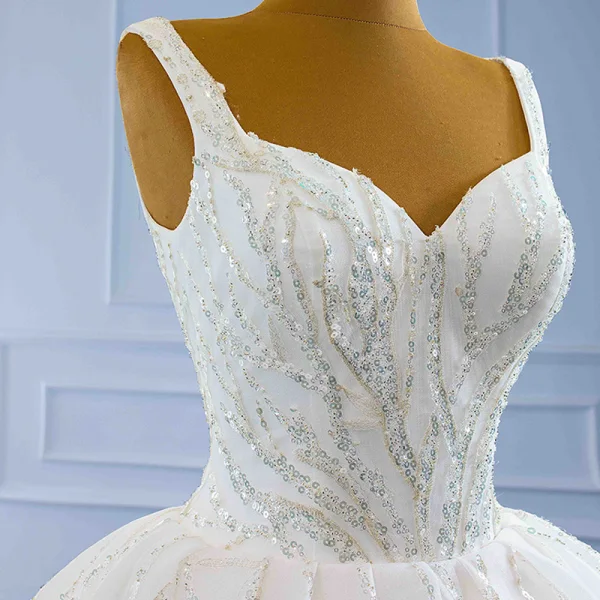 Luxury / Gorgeous White Bridal Wedding Dresses 2021 Ball Gown Shoulders Sleeveless Backless Beading Sequins Chapel Train Ruffle