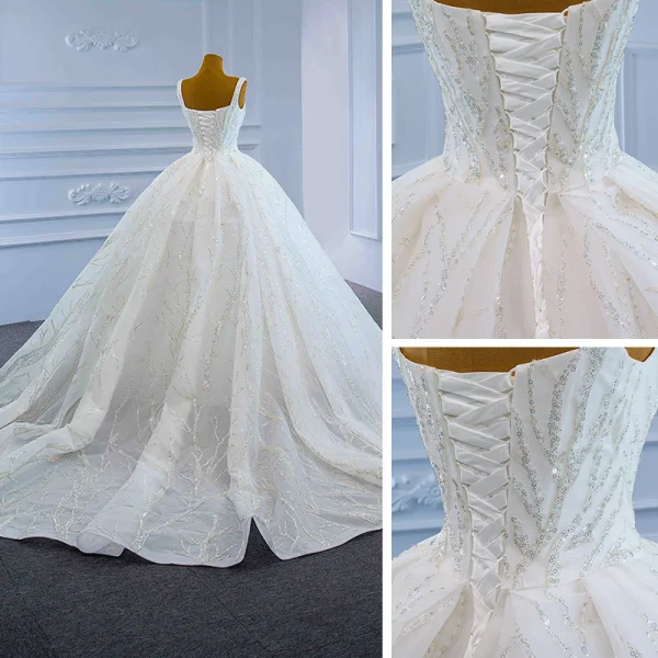 Luxury / Gorgeous White Bridal Wedding Dresses 2021 Ball Gown Shoulders Sleeveless Backless Beading Sequins Chapel Train Ruffle