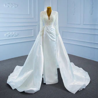 Luxury Gorgeous White Satin Bridal Wedding Dresses 2021 Trumpet Mermaid Deep V Neck Long Sleeve Backless Handmade Beading Pearl Court Train Ruffle