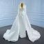 Luxury / Gorgeous White Satin Bridal Wedding Dresses 2021 Trumpet / Mermaid Deep V-Neck Long Sleeve Backless Handmade  Beading Pearl Court Train Ruffle