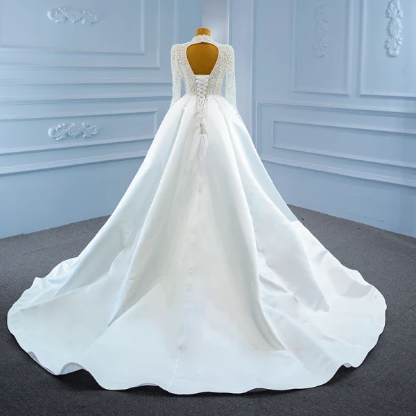 Luxury / Gorgeous White Satin Bridal Wedding Dresses 2021 Trumpet / Mermaid Deep V-Neck Long Sleeve Backless Handmade Beading Pearl Court Train Ruffle