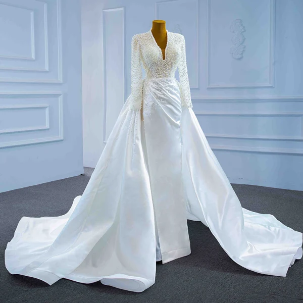 Luxury / Gorgeous White Satin Bridal Wedding Dresses 2021 Trumpet / Mermaid Deep V-Neck Long Sleeve Backless Handmade Beading Pearl Court Train Ruffle
