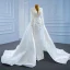 Luxury / Gorgeous White Satin Bridal Wedding Dresses 2021 Trumpet / Mermaid Deep V-Neck Long Sleeve Backless Handmade  Beading Pearl Court Train Ruffle