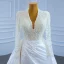 Luxury / Gorgeous White Satin Bridal Wedding Dresses 2021 Trumpet / Mermaid Deep V-Neck Long Sleeve Backless Handmade  Beading Pearl Court Train Ruffle
