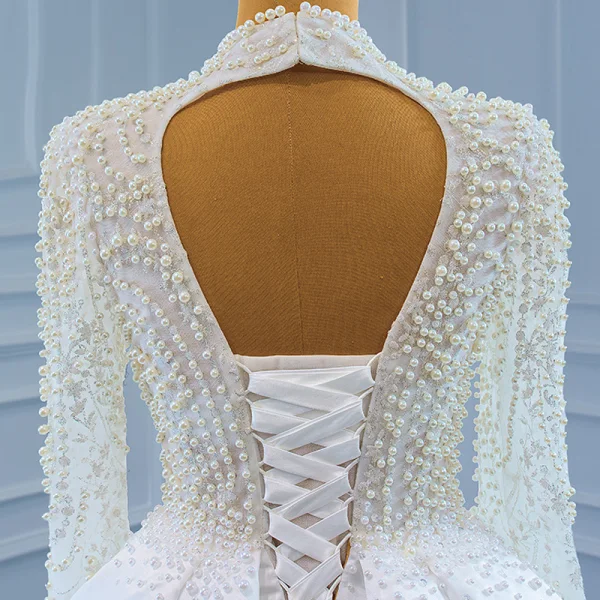 Luxury / Gorgeous White Satin Bridal Wedding Dresses 2021 Trumpet / Mermaid Deep V-Neck Long Sleeve Backless Handmade Beading Pearl Court Train Ruffle