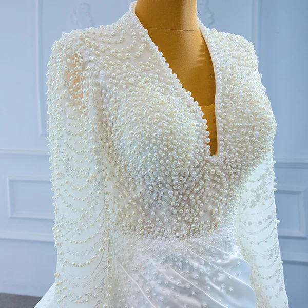Luxury / Gorgeous White Satin Bridal Wedding Dresses 2021 Trumpet / Mermaid Deep V-Neck Long Sleeve Backless Handmade Beading Pearl Court Train Ruffle