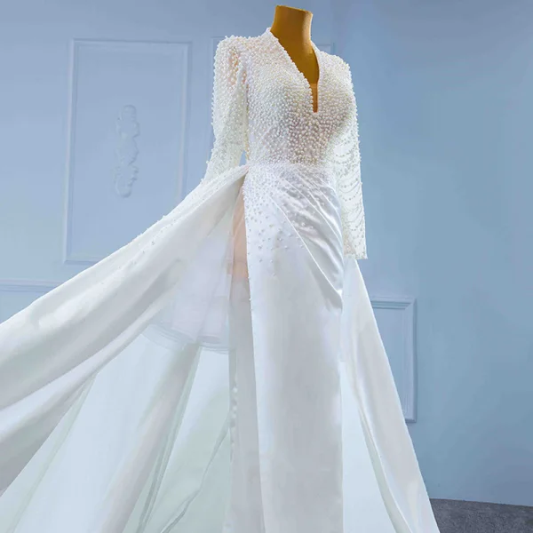 Luxury / Gorgeous White Satin Bridal Wedding Dresses 2021 Trumpet / Mermaid Deep V-Neck Long Sleeve Backless Handmade Beading Pearl Court Train Ruffle