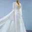 Luxury / Gorgeous White Satin Bridal Wedding Dresses 2021 Trumpet / Mermaid Deep V-Neck Long Sleeve Backless Handmade  Beading Pearl Court Train Ruffle