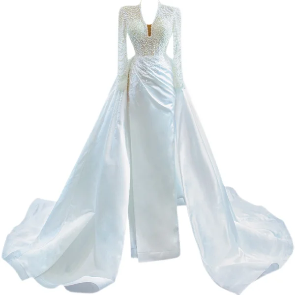 Luxury / Gorgeous White Satin Bridal Wedding Dresses 2021 Trumpet / Mermaid Deep V-Neck Long Sleeve Backless Handmade Beading Pearl Court Train Ruffle