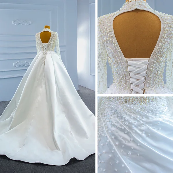 Luxury / Gorgeous White Satin Bridal Wedding Dresses 2021 Trumpet / Mermaid Deep V-Neck Long Sleeve Backless Handmade Beading Pearl Court Train Ruffle