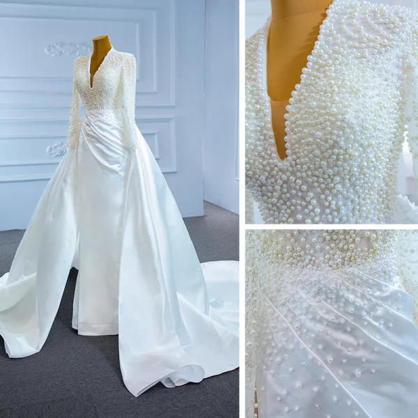 Luxury / Gorgeous White Satin Bridal Wedding Dresses 2021 Trumpet / Mermaid Deep V-Neck Long Sleeve Backless Handmade Beading Pearl Court Train Ruffle