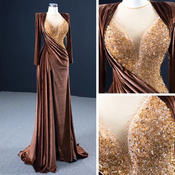 Luxe Café Velour Tapis rouge Robe De Soirée 2021 Gaine / Ajustement Transparentes Encolure Dégagée Manches Longues Fait main Perlage Paillettes Fendue devant Train De Balayage Volants