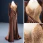 Luxe Café Velour Tapis rouge Robe De Soirée 2021 Gaine / Ajustement Transparentes Encolure Dégagée Manches Longues Fait main Perlage Paillettes Fendue devant Train De Balayage Volants