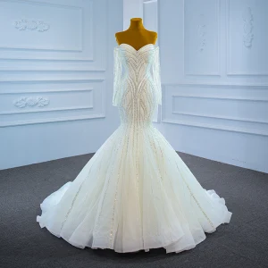 Luxe Blanche La Mariée Robe De Mariée 2021 Trompette Sirène De L Épaule Manches Longues Dos Nu Perlage Paillettes Train De Balayage Volants