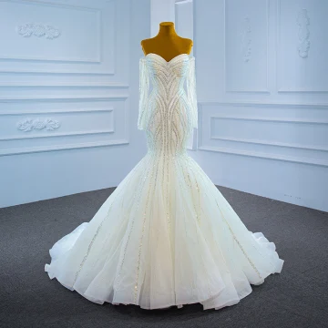 Luxe Blanche La Mariée Robe De Mariée 2021 Trompette Sirène De L Épaule Manches Longues Dos Nu Perlage Paillettes Train De Balayage Volants