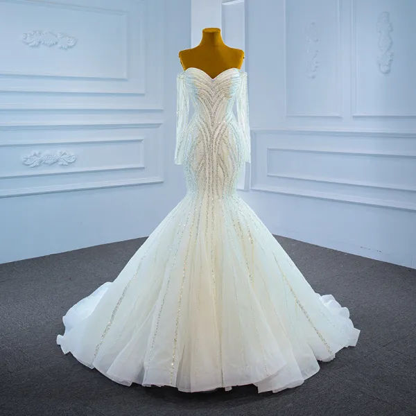 Luxury / Gorgeous White Bridal Wedding Dresses 2021 Trumpet / Mermaid Off-The-Shoulder Long Sleeve Backless Beading Sequins Sweep Train Ruffle