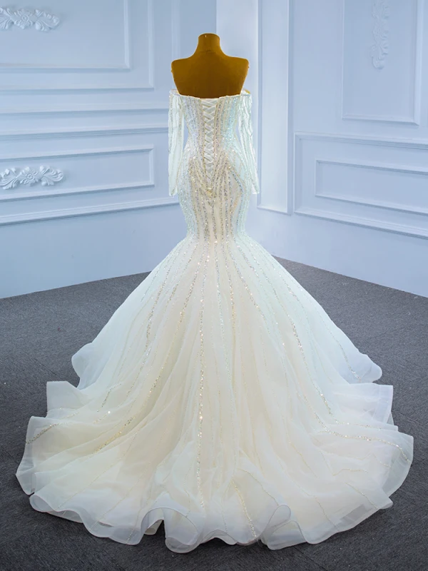 Luxe Blanche La Mariée Robe De Mariée 2021 Trompette / Sirène De l'épaule Manches Longues Dos Nu Perlage Paillettes Train De Balayage Volants