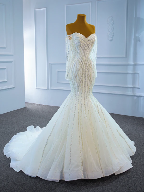 Luxe Blanche La Mariée Robe De Mariée 2021 Trompette / Sirène De l'épaule Manches Longues Dos Nu Perlage Paillettes Train De Balayage Volants
