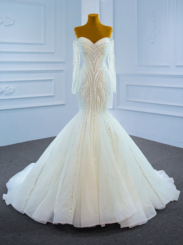 Luxe Blanche La Mariée Robe De Mariée 2021 Trompette / Sirène De l'épaule Manches Longues Dos Nu Perlage Paillettes Train De Balayage Volants