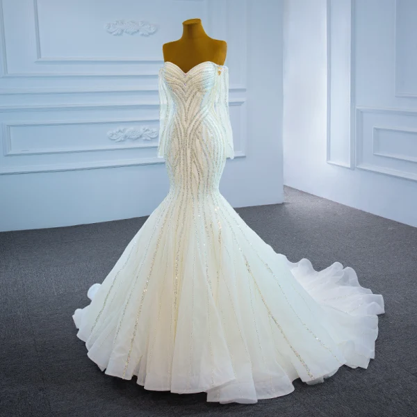 Luxe Blanche La Mariée Robe De Mariée 2021 Trompette / Sirène De l'épaule Manches Longues Dos Nu Perlage Paillettes Train De Balayage Volants