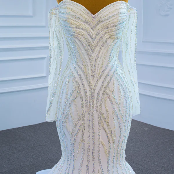 Luxe Blanche La Mariée Robe De Mariée 2021 Trompette / Sirène De l'épaule Manches Longues Dos Nu Perlage Paillettes Train De Balayage Volants