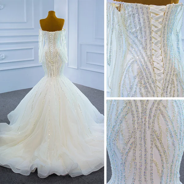 Luxe Blanche La Mariée Robe De Mariée 2021 Trompette / Sirène De l'épaule Manches Longues Dos Nu Perlage Paillettes Train De Balayage Volants