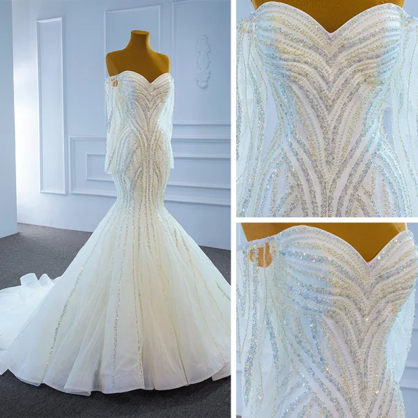 Luxe Blanche La Mariée Robe De Mariée 2021 Trompette / Sirène De l'épaule Manches Longues Dos Nu Perlage Paillettes Train De Balayage Volants