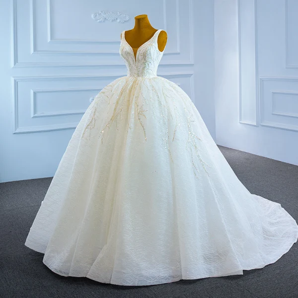 Luxury / Gorgeous White Bridal Wedding Dresses 2021 Ball Gown Deep V-Neck Sleeveless Backless Beading Sequins Glitter Tulle Court Train Ruffle