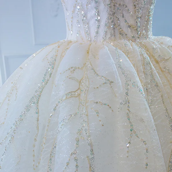 Luxury / Gorgeous White Bridal Wedding Dresses 2021 Ball Gown Deep V-Neck Sleeveless Backless Beading Sequins Glitter Tulle Court Train Ruffle