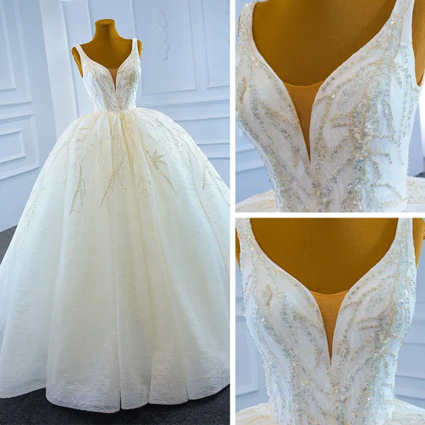 Luxury / Gorgeous White Bridal Wedding Dresses 2021 Ball Gown Deep V-Neck Sleeveless Backless Beading Sequins Glitter Tulle Court Train Ruffle
