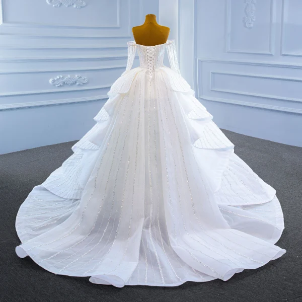 Luxury / Gorgeous White Bridal Wedding Dresses 2021 Ball Gown Off-The-Shoulder Long Sleeve Backless Beading Sequins Chapel Train Ruffle