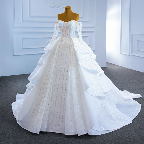 Luxury / Gorgeous White Bridal Wedding Dresses 2021 Ball Gown Off-The-Shoulder Long Sleeve Backless Beading Sequins Chapel Train Ruffle