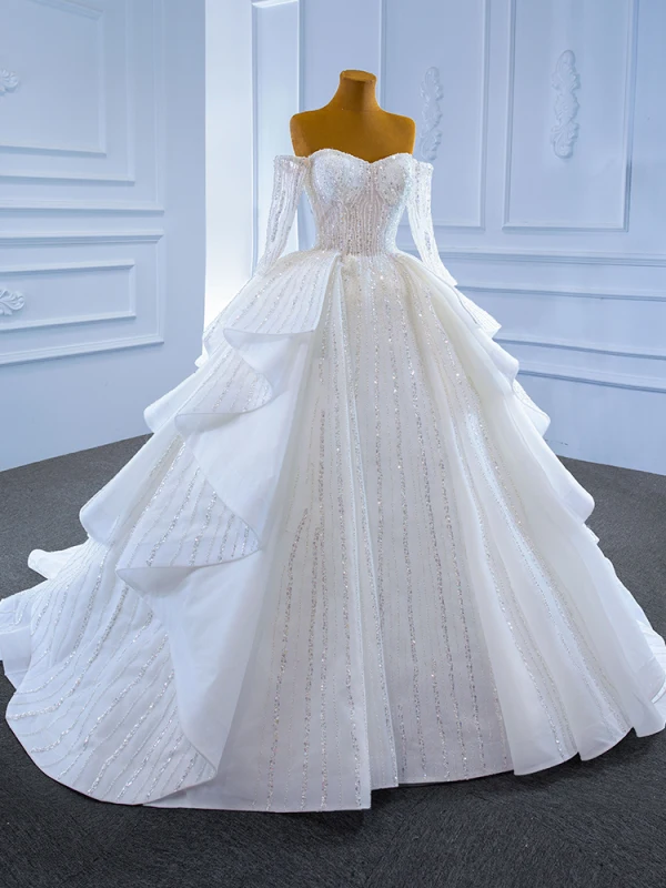 Luxury / Gorgeous White Bridal Wedding Dresses 2021 Ball Gown Off-The-Shoulder Long Sleeve Backless Beading Sequins Chapel Train Ruffle