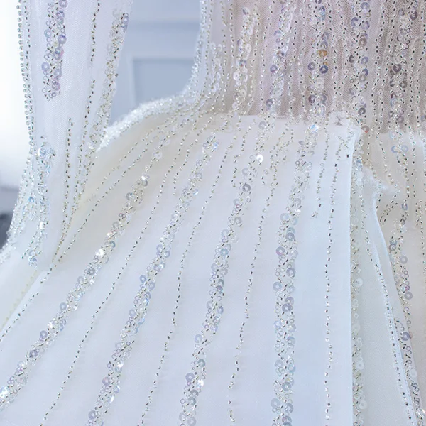 Luxury / Gorgeous White Bridal Wedding Dresses 2021 Ball Gown Off-The-Shoulder Long Sleeve Backless Beading Sequins Chapel Train Ruffle