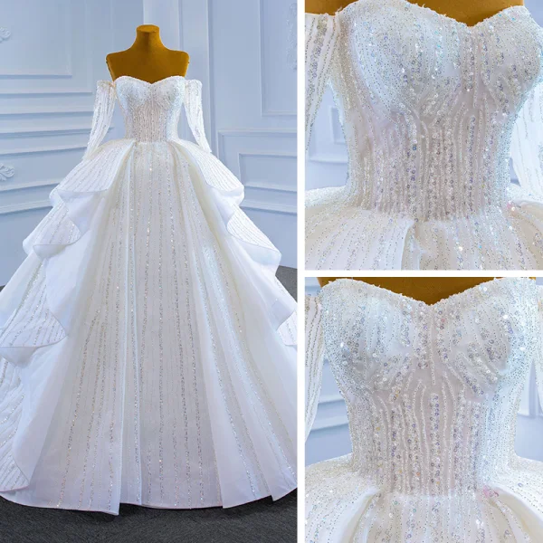 Luxury / Gorgeous White Bridal Wedding Dresses 2021 Ball Gown Off-The-Shoulder Long Sleeve Backless Beading Sequins Chapel Train Ruffle