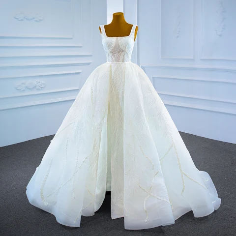 Luxury / Gorgeous White Bridal Wedding Dresses 2021 Ball Gown Square Neckline Sleeveless Backless Appliques Lace Handmade  Beading Sequins Sash Split Front