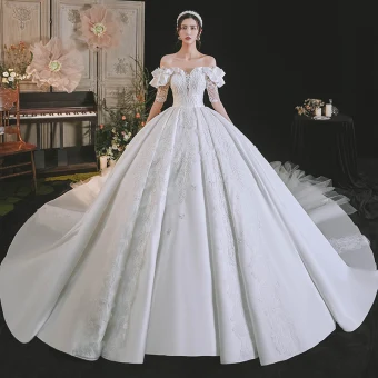 Luxury Gorgeous White Satin Bridal Wedding Dresses 2021 Ball Gown Off The Shoulder 1 2 Sleeves Backless Appliques Lace Handmade Beading Royal Train Ruffle