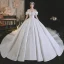 Luxury / Gorgeous White Satin Bridal Wedding Dresses 2021 Ball Gown Off-The-Shoulder 1/2 Sleeves Backless Appliques Lace Handmade  Beading Royal Train Ruffle