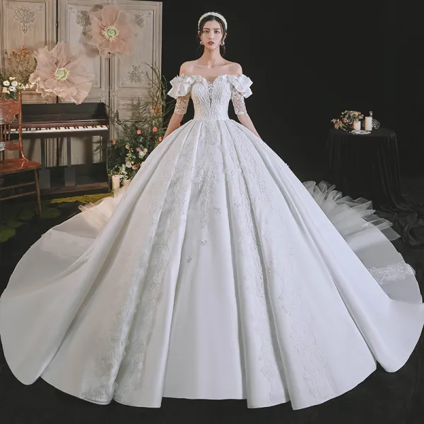 Luxury / Gorgeous White Satin Bridal Wedding Dresses 2021 Ball Gown Off ...