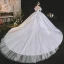 Luxury / Gorgeous White Satin Bridal Wedding Dresses 2021 Ball Gown Off-The-Shoulder 1/2 Sleeves Backless Appliques Lace Handmade  Beading Royal Train Ruffle