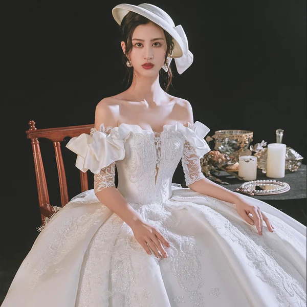 Luxury / Gorgeous White Satin Bridal Wedding Dresses 2021 Ball Gown Off-The-Shoulder 1/2 Sleeves Backless Appliques Lace Handmade Beading Royal Train Ruffle