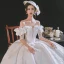 Luxury / Gorgeous White Satin Bridal Wedding Dresses 2021 Ball Gown Off-The-Shoulder 1/2 Sleeves Backless Appliques Lace Handmade  Beading Royal Train Ruffle