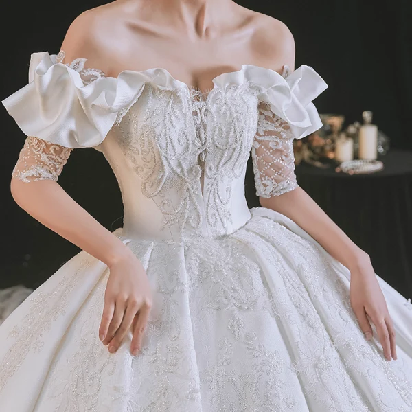 Luxury / Gorgeous White Satin Bridal Wedding Dresses 2021 Ball Gown Off-The-Shoulder 1/2 Sleeves Backless Appliques Lace Handmade Beading Royal Train Ruffle